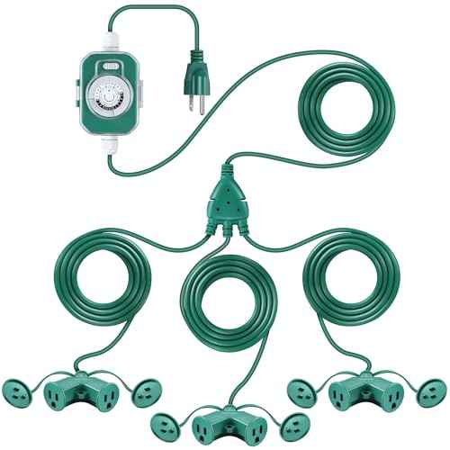 Feekoon 40 Ft Extension Cord Outdoor with Outlet Timer, 1 to 3 Splitter Extension Cord with Multiple Outlets 16/3 SJTW Green Split Cable Weatherproof Covers for Holiday Christmas Lights