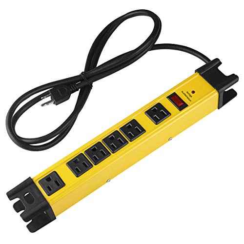 Heavy Duty Power Strip Surge Protector - 6 Outlet Industrial Strip with 15A, 25 FT Cord, 1200 Joules - ETL Listed Yellow Metal for Shop, Workshop, Garden