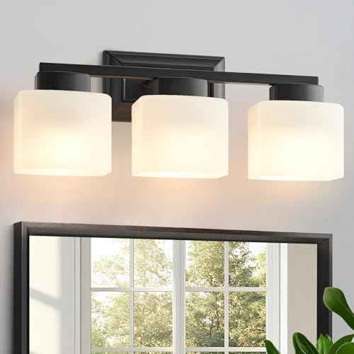 3-Light Bathroom Light Fixtures - Black Bathroom Vanity Lights with Frosted Glass Shade Modern Bathroom Lighting Fixtures Over Mirror - Wall Sconce Lamps for Bedroom,Living Room,Hallway