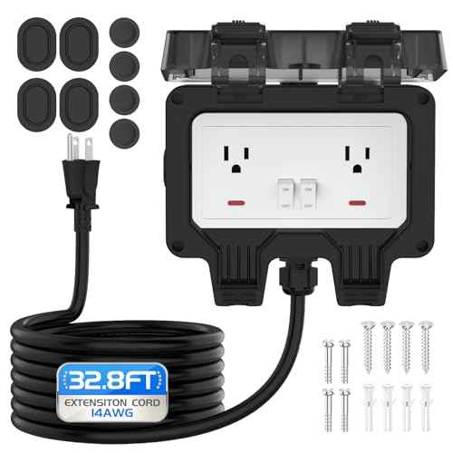 Outdoor Outlet Box with 32.8Ft Extension Cord, NEMA 5-15R, STW 14 AWG,IP66 Waterproof Power Outlet Extender with On/Off Switch & LED Indicator for Garden Yards& Outdoor Activity