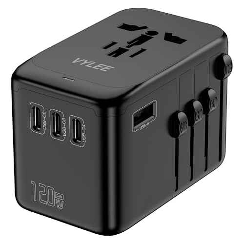 120W Universal Travel Adapter, GaN III International Power Adapter, 4 USB-C 1 USB-A Ports, AC Outlet, Worldwide US/UK/EU/AU Travel Charger for Cameras Laptops Tablets Phones and More