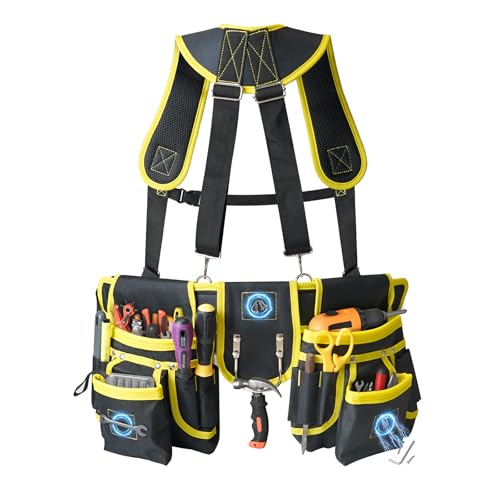 Tool Belts for Men with Suspenders - Magnetic Tool Pouch 26 Pockets Heavy Duty Work Belts - Detachable Adjustable Tool belt Pouch Bag for Electrician, Carpenter, Construction