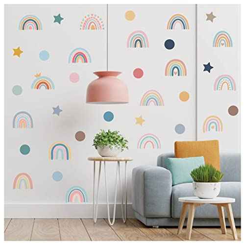 Rainbow Wall Decor Stickers,76Pcs Removable Peel and Stick Rainbow Wall Decals,Classic Color Bohemian Star Dot Murals Stickers for Girls Boys Toddler Bedroom Living Room Playroom