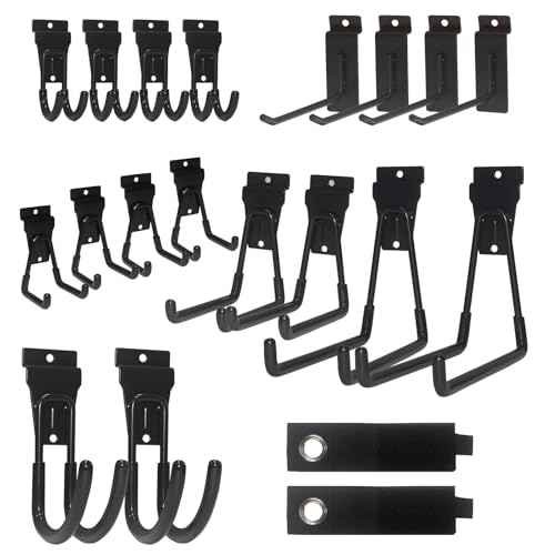 NeatiEase 20 PCS Slatwall Accessories Kit for Garage Rooms Shops Storage Organizing Display, Slat Wall Accessory Includes 18 PCS Multisized Heavy Duty Slatwall Hooks and 2 Pack Velcro Straps