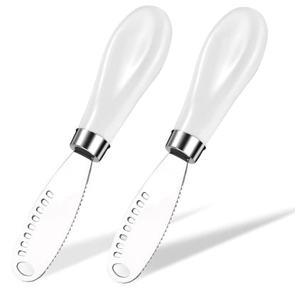 AISBUGUR 2 Pack Stainless Steel Butter Spreader Knife with Holes Multifunction Butter Knife with White Porcelain Handle, Cheese Butter Spreader Knives for Kitchen