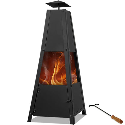 GARDEBRUK® Pyramid Fire Pit | Smoke Outlet | Garden Patio Heater with Lockable Door | Firm Stand | Wood Charcoal Fire Basket Chimenea with Poker | 102cm / 40' | 5kg | Black