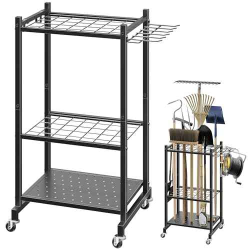 Garden Tool Organizer Stand with Wheels,Yard Tool Organizer for Garage with 2 Hooks, Rack Up to 42 Tools,Broom Holder & Garden Tool Rack for Shed, Patio, Outdoor Use