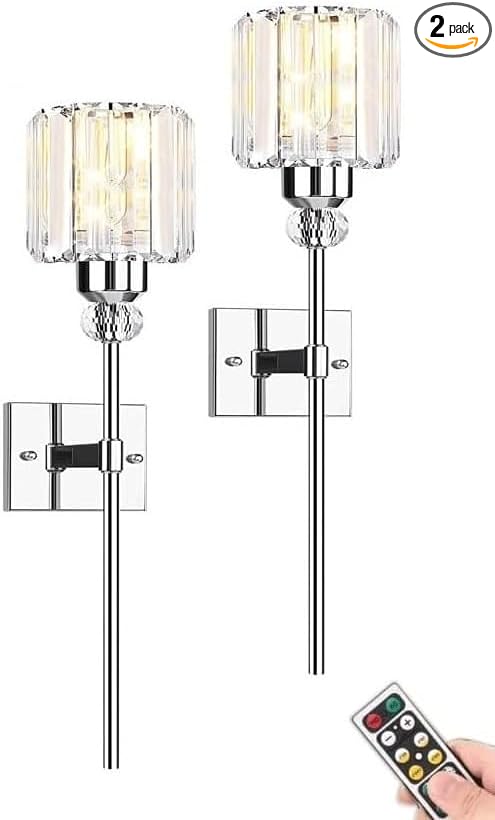 Modern Wall Sconces Lighting Battery Operated Set of 2,No Wiring Rechargeable Wall Lights Fixture with Wireless Remote,Clear Glass Long Wall Lamp Silver for Bedroom Bathroom Living Room Vanity Light