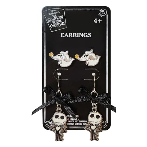 LUV HER Jack Skellington Gothic Jewelry: 2 Hypoallergenic Earrings for Girls (1 Stud & 1 Fishhook Drop) with Charms One Size Fits All Girls The Nightmare Before Christmas Ages 4+