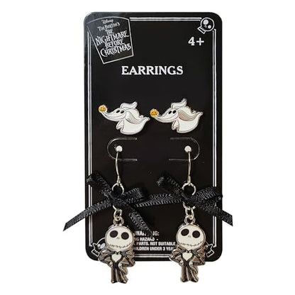 LUV HER Jack Skellington Gothic Jewelry: 2 Hypoallergenic Earrings for Girls (1 Stud & 1 Fishhook Drop) with Charms One Size Fits All Girls The Nightmare Before Christmas Ages 4+
