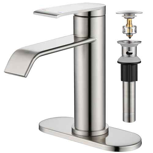 GAGALIFE Bathroom Faucet 1 Hole, Brushed Nickel Bathroom Sink Faucet with Metal Pop-up Drain Supply Lines and Deck, Modern Waterfall Bathroom Faucets Single Handle, JJL-MP-7001BN