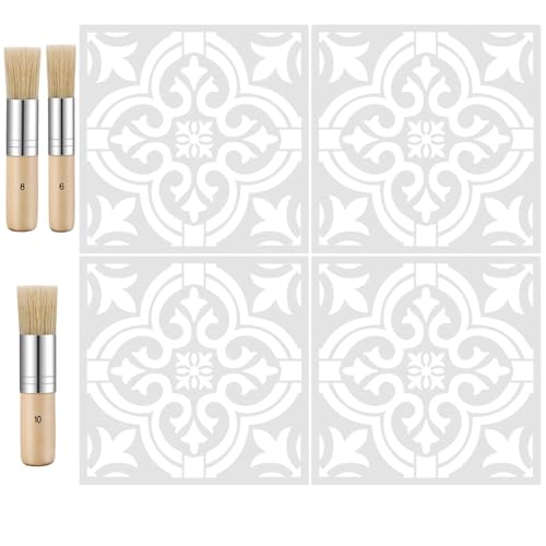 Set of 7, Tile Stencils and Wooden Brushes, SourceTon 12x12 Inch Reusable Mandala Wall Stencils for Painting with 3 Bristle Brushes ? DIY Floor, Wall, Cabinet Decor