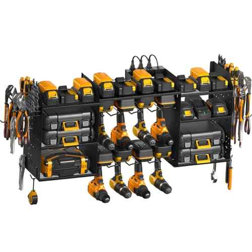 Tool Organizer Wall Mount, 3 Layer Storage Rack, 45 inch long, extra storage space, Heavy Duty Rack for Drill Bit Metal Power Tools, Storage Shelf with Charging Station for Garage Organization