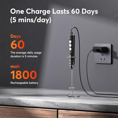 FoodVille MF02 Rechargeable Milk Frother Handheld Foam Maker with Stainless Whisk for Cappuccino, Latte, Bulletproof Coffee, Keto Diet, Protein Powder, Matcha