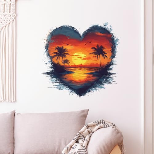 Heart Sunset Beach Wall Decals Removable Watercolor Tropical Palm Trees Vinyl Stickers for Living Room Bedroom and Bathroom Sea Decor Peel and Stick Wall Art