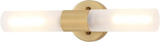 Gold Knurled Texture Wall Sconce Frosted Glass Shade Modern Bathroom Vanity Light Fixtures 2-Lights Mid Century Wall Light for Mirror Living Room Hallway E26 T10 Bulbs(Excluded)