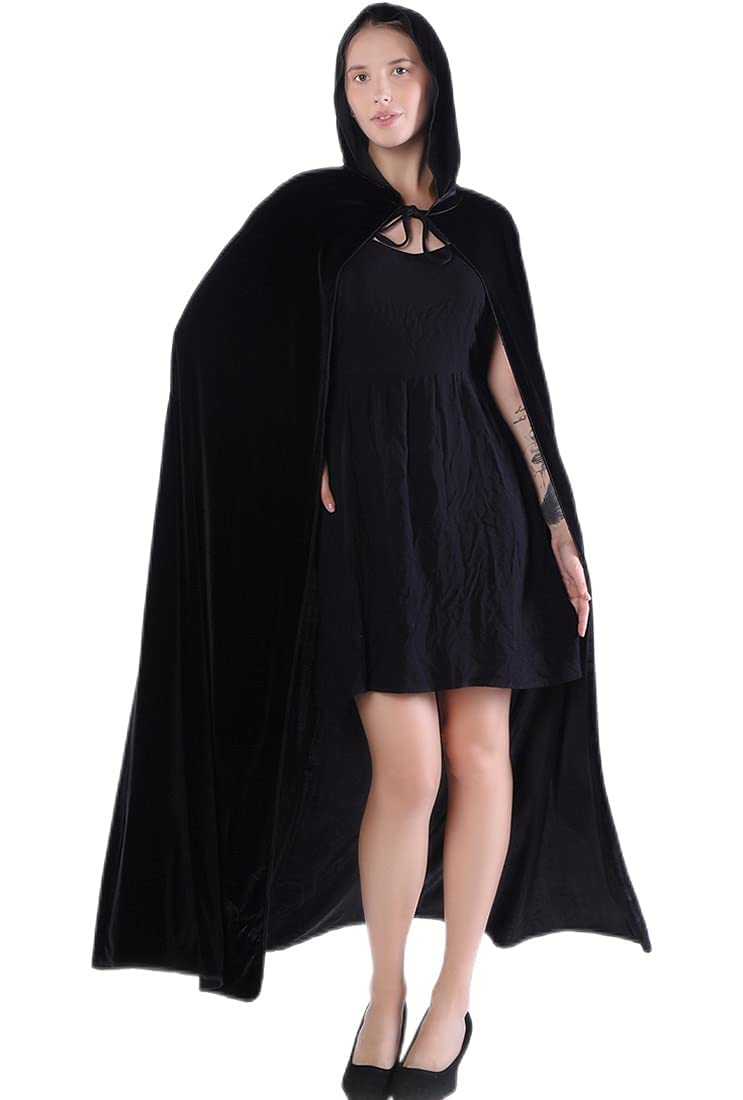 Velvet Cloak Cape Wizard Hooded Party Halloween Cosplay Costumes for Men Women 53” (Black)