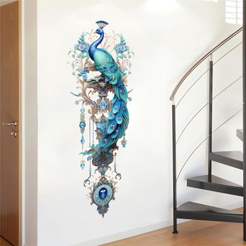 sacinora Gorgeous Blue Peacock Painted Wall Stickers, Peacock Pendant Art Wall Decals Removable Vinyl Peel and Stick for Living Room Bedroom Sofa TV Background Home Decorations