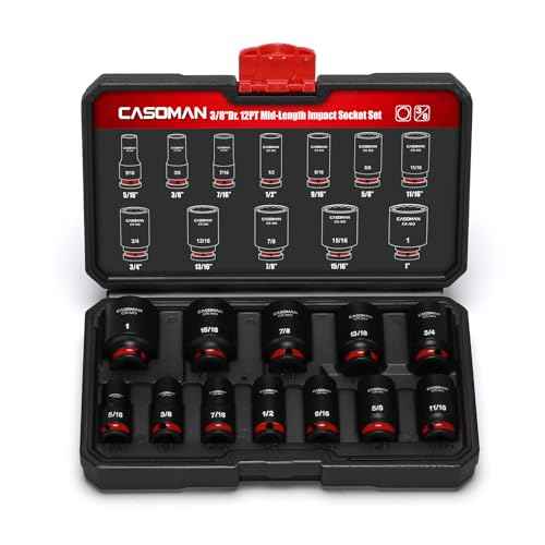 CASOMAN 12-Pieces 3/8" Drive Mid-Length Impact Socket Set, 12-Point, SAE, 5/16-Inch to 1-Inch, CR-MO Steel, with Storage Case