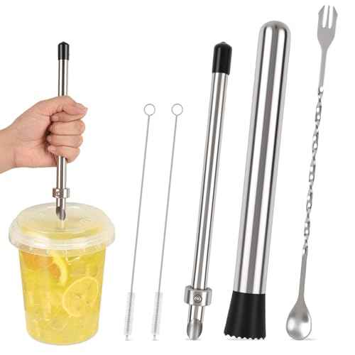 5 Pack Straw Puncher, lemonade stand supplies kit with straw puncher for plastic lids, muddler for lemonade and cocktails, reusable lemonade cups