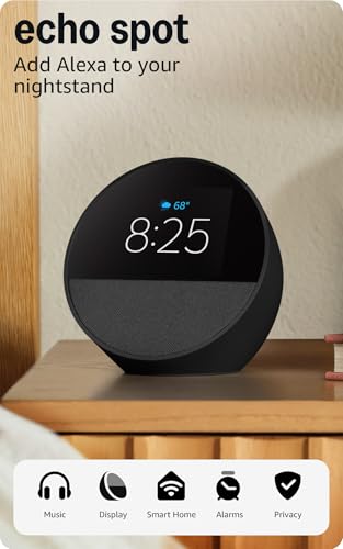 Amazon Echo Spot (newest model), Great for nightstands, offices and kitchens, Smart alarm clock with Alexa, Black
