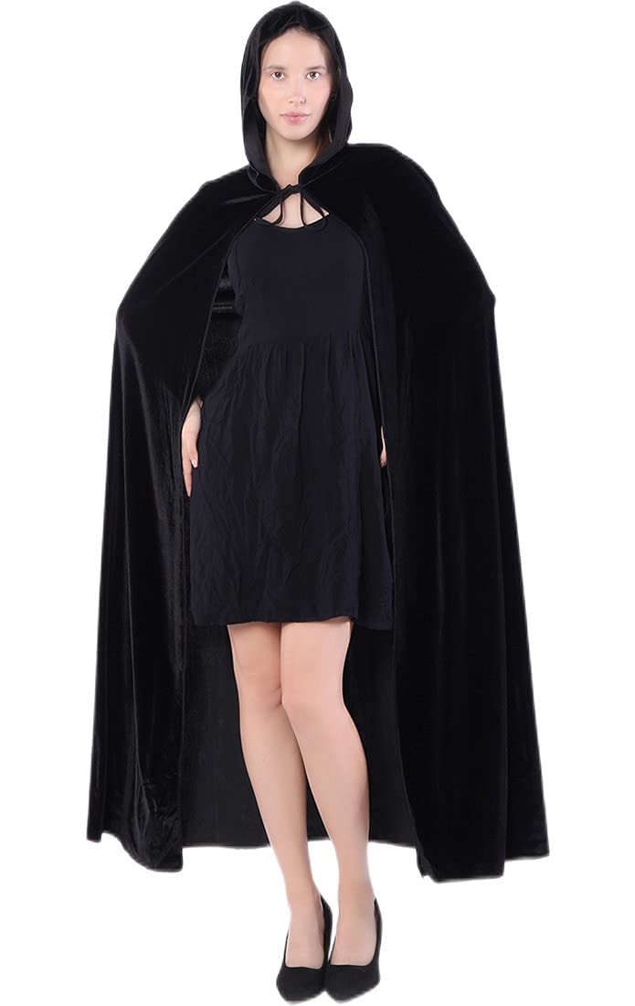 Velvet Cloak Cape Wizard Hooded Party Halloween Cosplay Costumes for Men Women 53” (Black)