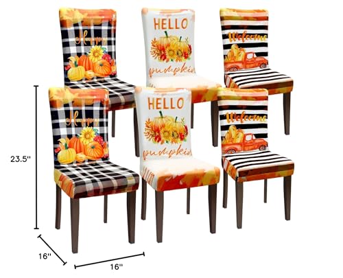 Preboun Fall Chair Covers Set of 6 Thanksgiving Dining Protector Stretch Autumn Pumpkin Truck Maple Leaves Slipcovers Removable Washable for Dining Hotel Party Wedding