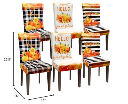 Preboun Fall Chair Covers Set of 6 Thanksgiving Dining Protector Stretch Autumn Pumpkin Truck Maple Leaves Slipcovers Removable Washable for Dining Hotel Party Wedding