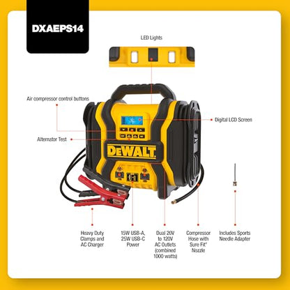 DEWALT DXAEPS14-Type2 2000 Peak Battery Amp 12V Automotive Battery Booster Jump Starter/Power Station with 120 PSI Compressor, 500W AC Power Inverter, and 15W USBa & 25W USB Ports