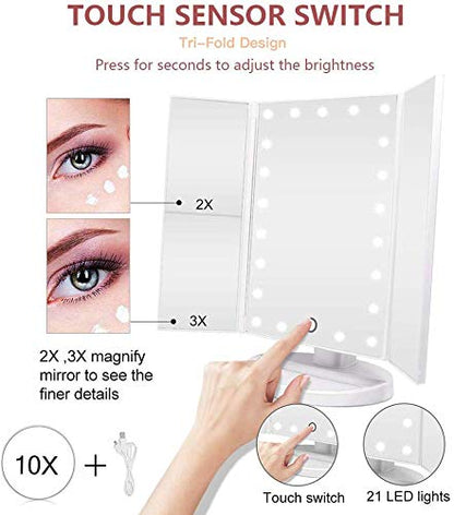 PUVLISZ Vanity Cosmetic/Makeup Mirror with 22 LED Lights, Touch Screen, Magnification Tri-Fold 2X 3X Magnifying, 180° Free Rotation, Dual Power Supply White