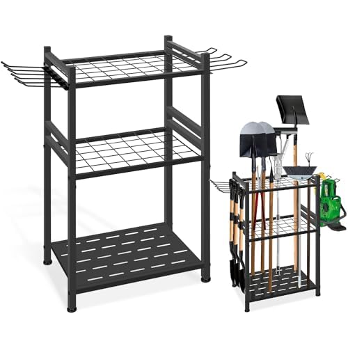 GMAK Garden Tool Organizer, Heavy Duty Garage Tool Storage Rack Utility Yard Tool Tower Rack with Large Hooks for Shed Garage Storage and Organization, for Long Handle Tools, Rake, Brooms, Shovel