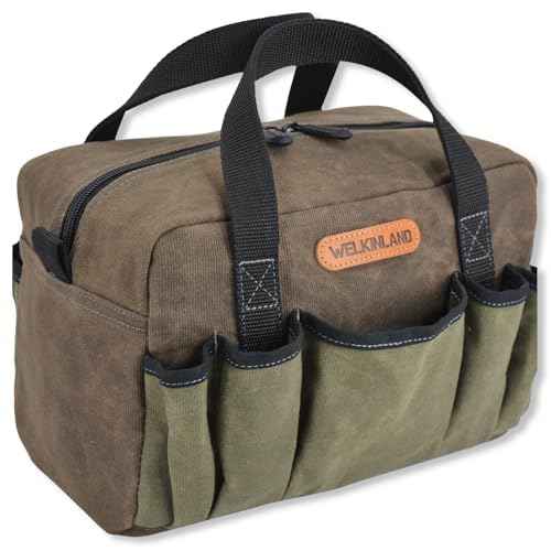 WELKINLAND 14-Pocket Waxed Canvas Tool Organizer - Heavy Duty Electrician's Tool Bag, Small Size