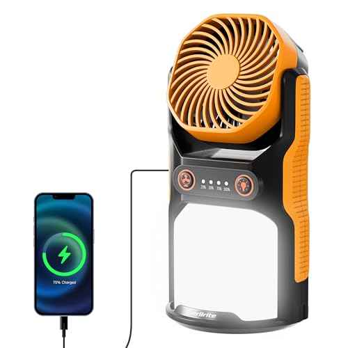 EVERBRITE Rechargeable Camping Lantern with Fan- 4400mAh Power Bank, Camping Fan with 3 Fan Speeds, Portable 1000LM Handheld Light with Hanging Hook for Summer Camping, Hiking, USB Cable Included