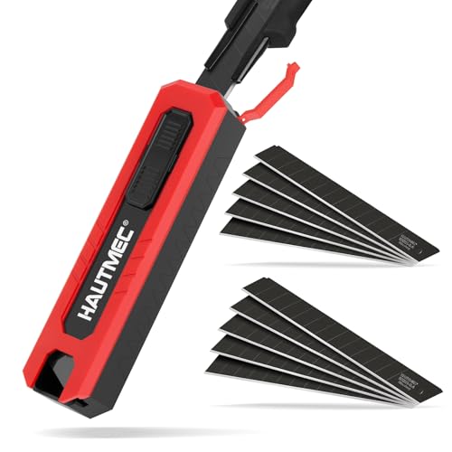 HAUTMEC 10PC 9mm Industrial Utility Knife Blades, SK2H Steel Box Cutter Replacement Rustproof Blades - for Warehouse/DIY/Light Maintenance Bottom Snap-Off & Recycling Box 25007