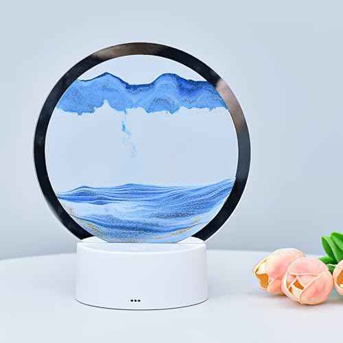 3D Moving Sand Art Lamp, Quicksand Night Light for Bedside & Kids Desk, Colorful Glass Decor (Blue)
