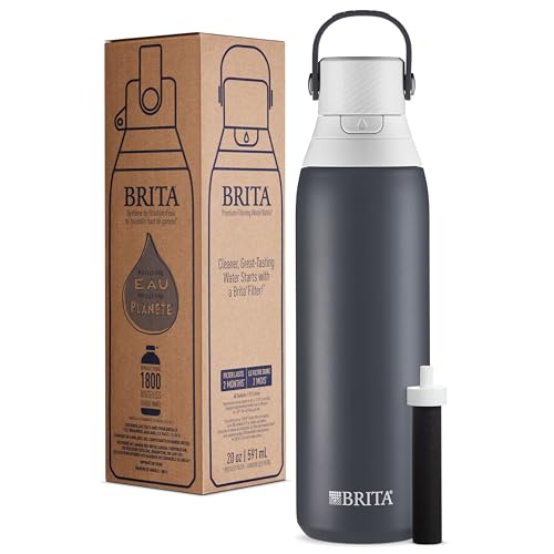 Brita Stainless Steel Premium Filtering Water Bottle, BPA-Free, Reusable, Insulated, Replaces 300 Plastic Water Bottles, Filter Lasts 2 Months or 40 Gallons, Includes 1 Filter, Carbon - 20 oz