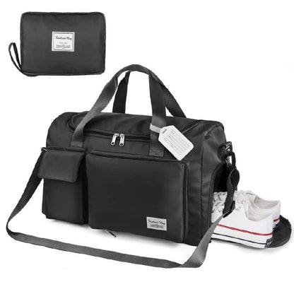 Lightweight Travel Gym Duffel - Foldable Overnight Holdall Bag for Women with Wet/Dry Separation - Cabin Bag for Sports & Travel - Black