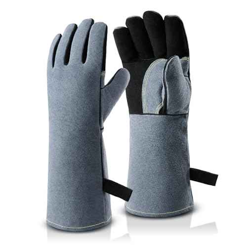 OZERO 932¡ÆF Heat Resistant Welding Gloves 16 inches Cowhide Leather - Long Sleeve and Insulated Lining BBQ Glove for Tig Welder/Mig/Grill/Barbecue/Stove Black-gray