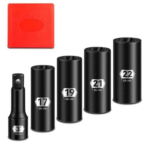 BLACKROBOT 5-Piece 1/2" Drive Lug Nut Removal Tool, 6 Point & Twist Lug Nut Extractor, Impact Flip Socket Set (17mm, 19mm, 21mm, 22mm) with 3" Extension Bar, CR-MO Steel