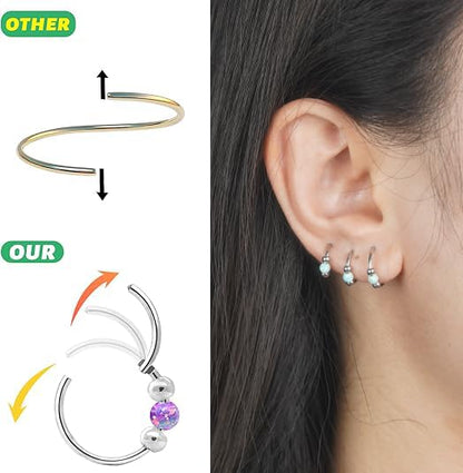 2Pcs 18G Hypoallergenic Cartilage Earrings for Women & Men 316L Surgical Steel Huggies Earrings for Sensitive Ears, Lightweight Mini Thin Jewelry for Tragus/Helix/Nose Multiple Piercing Opal Earrings