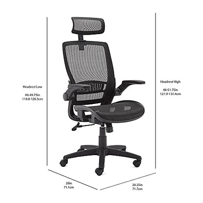 Amazon Basics Ergonomic High-Back Desk Chair, Comfortable Flip-Up Armrests, Contoured Mesh Seat, Swivel, Black, 25.5"D x 26.25"W x 49.25"H