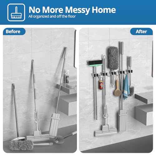 2 Pack Broom Holder Wall Mount Mop and Broom Hanger Broom Organizer Storage Tool Racks Stainless Steel Heavy Duty for Kitchen Garden Laundry Garage (5 Racks with 4 Hooks)