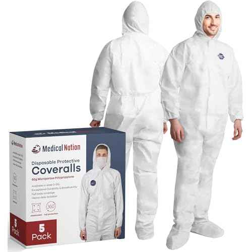 Hazmat Suits Disposable | 5 Pack, Large | Protective Coveralls with Attached Hood and Boots | Heavy Duty Full Body Painters Suit for Adults - Breathable & Water Resistant | Large