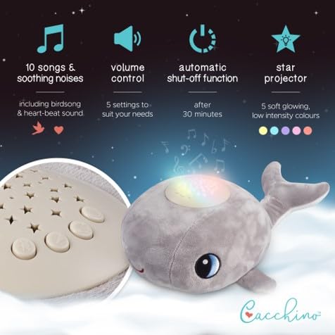 Cacchino® Ben Baby Sleep Soother, Sleep Aid with Musical Night Light Star Projector with Nursery Rhymes, Heartbeat, Soothing Sounds (No Cry Sensor/White Noise). This Plush Whale is an Ideal Baby Gift.