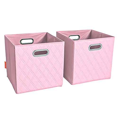 11 inch Pink Foldable Diamond Patterned Faux Leather Storage Cube Bins Set of Two with Handles for living room, bedroom and office storage