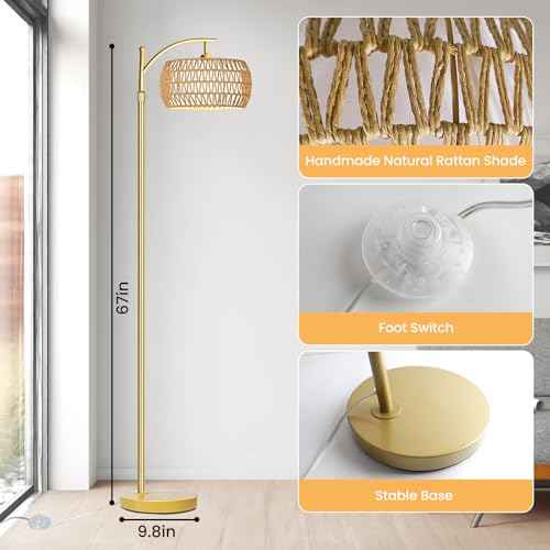 Arc Floor Lamp for Living Room,Farmhouse Floor Lamps with Remote Control & Dimmable Bulb,Gold Boho Rattan Tall Standing Lamp for Bedroom Office