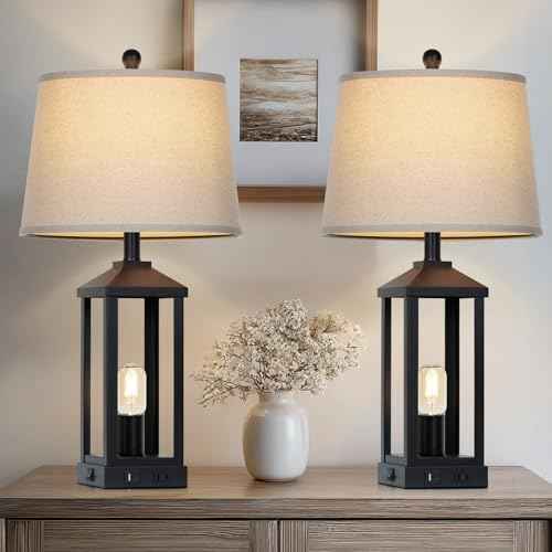 28" Tall Vintage Table Lamp Set of 2 with USB C+A & Outlet,Black Industrial End Table Lamp for Living Room,Farmhouse Rustic Bedside Lamps Set of 2 with Night Light ,Vintage Bedroom Lamp for Nightstand