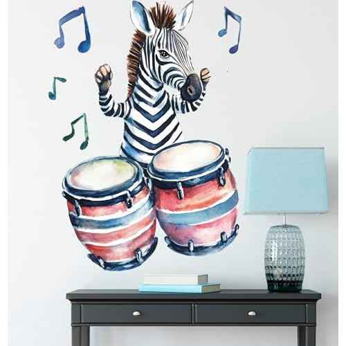 Zebra Play Drum Decal Wall Stickers, Fun Animals Decor Music Vinyl Waterproof Peel Removable Wall Decor for Nursery Kids Baby Bedroom Preschool Playroom Classroom