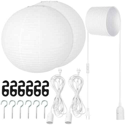 2 Sets Jumbo Paper Lanterns with Lamp Cord Cable White Hanging Paper Lanterns Chinese Japanese Pendant Hanging Lamp for Birthday Wedding Bridal Anniversary Party Decoration (Round, 18 Inch)