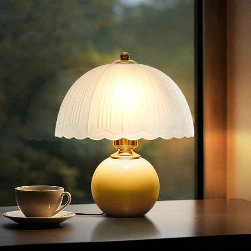Ceramic Table lamp, Modern Bedside Lamps Mid Century Vintage Desk Lamp Retro Glass Mushroom Traditional Lamp for Nightstand Living Room Bedroom Home Decor (S05YE-1PACK)